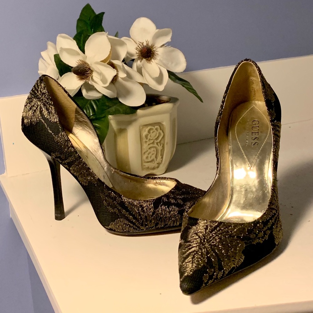 Gold and black jacquard Guess Carrie Heels